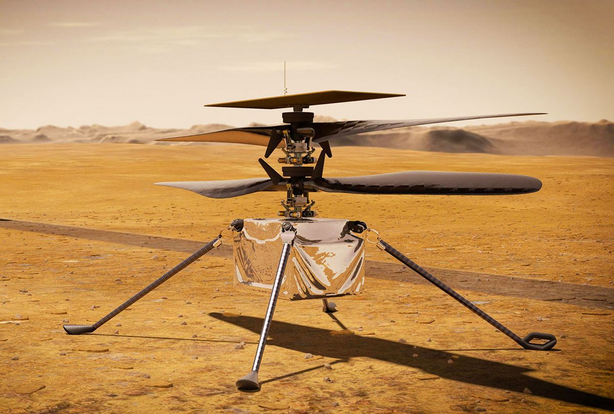 In this concept illustration provided by NASA, NASA's Ingenuity Mars Helicopter stands on the Red Planet's surface. (Photo illustration by NASA via Getty Images)