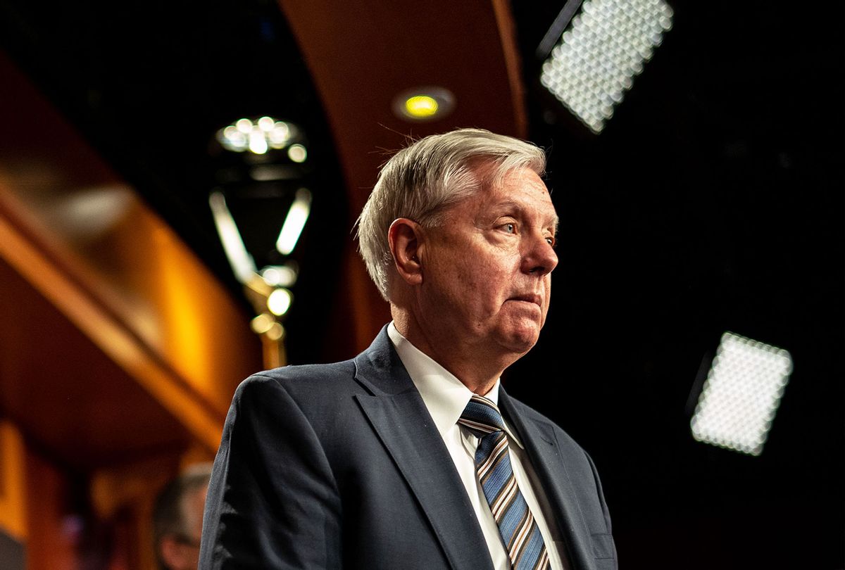Sen. Lindsey Graham (R-SC) at a press conference on Capitol Hill on Friday, March 5, 2021 in Washington, DC. The Senate finally took up the $1.9 trillion Covid relief package and continues to debate it. (Kent Nishimura / Los Angeles Times via Getty Images)