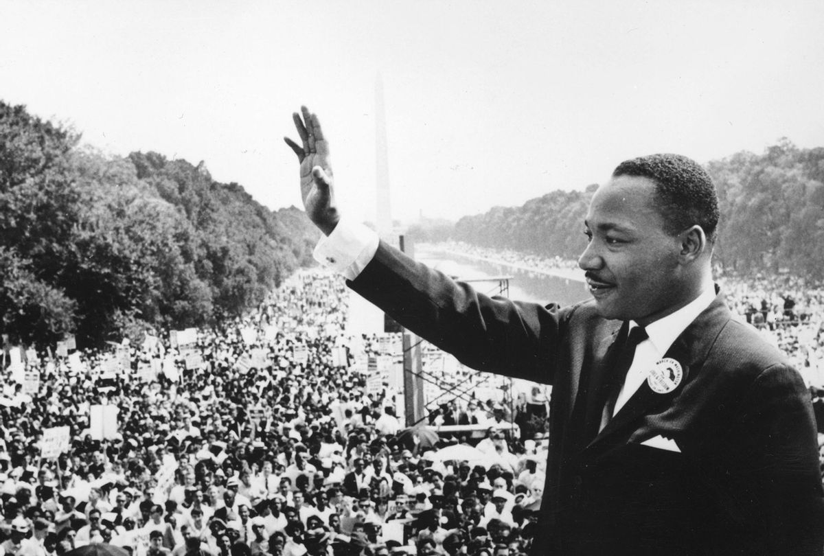 Black American civil rights leader Martin Luther King (1929 - 1968) addresses crowds during the March On Washington at the Lincoln Memorial, Washington DC, where he gave his 'I Have A Dream' speech. (Central Press/Getty Images)