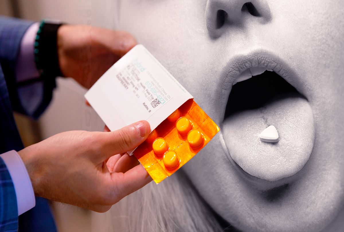 A blister pack of Ketamine lozenges at the psychedelic therapy clinic | Girl with recreation drug on tongue (Photo illustration by Salon/Getty Images)