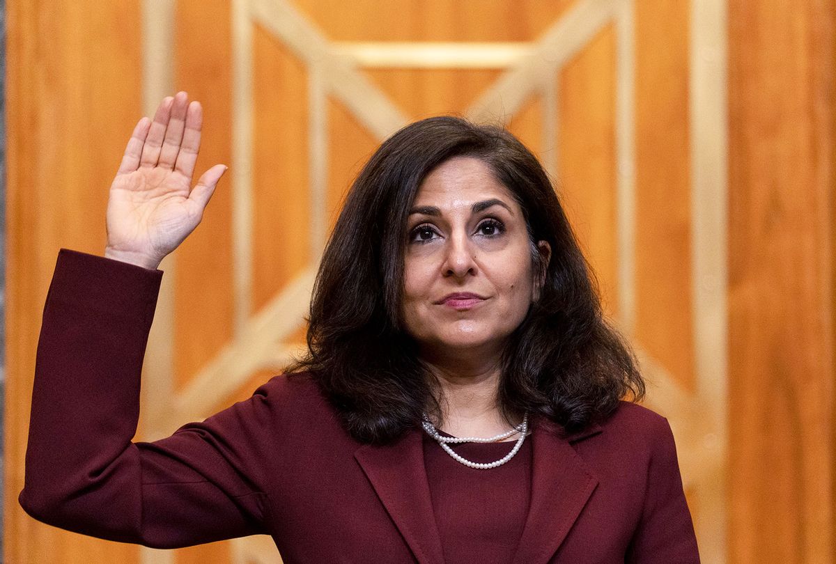 Neera Tanden, President Joe Bidens nominee for Director of the Office of Management and Budget (OMB), is sworn in to testify during a Senate Committee on the Budget hearing on Capitol Hill on February 10, 2021 in Washington, DC. (Andrew Harnik-Pool/Getty Images)