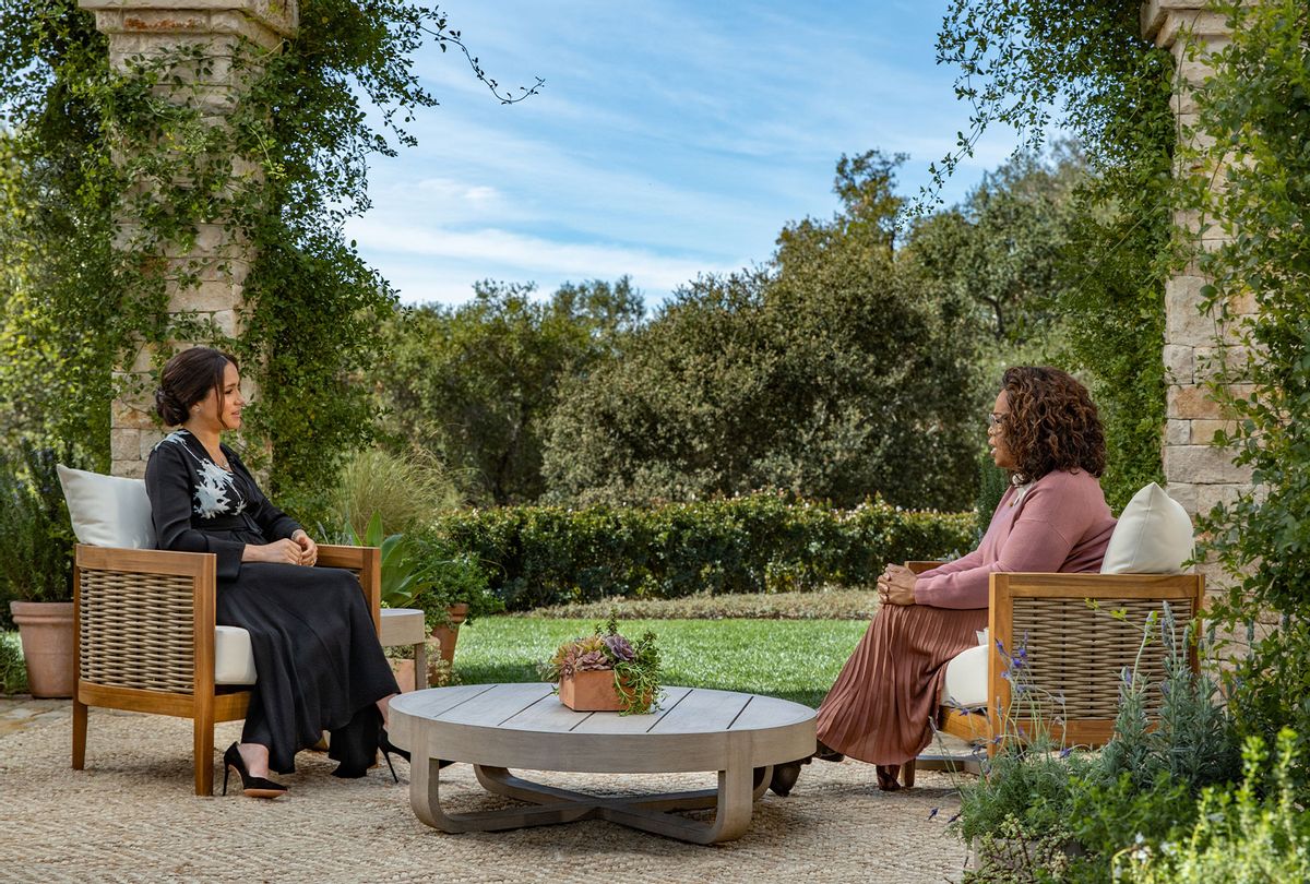 In this handout image provided by Harpo Productions and released on March 5, 2021, Oprah Winfrey interviews Prince Harry and Meghan Markle on A CBS Primetime Special premiering on CBS on March 7, 2021. (Harpo Productions/Joe Pugliese via Getty Images)