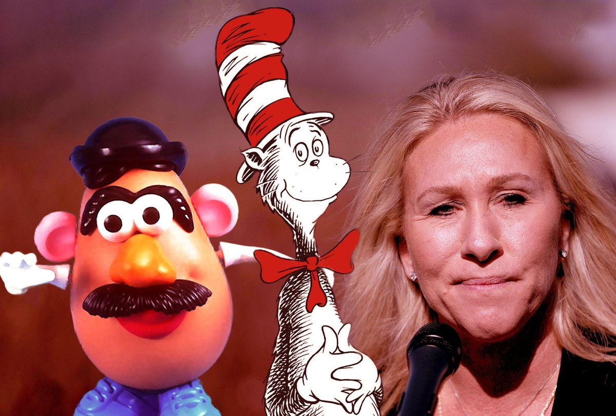 Mr. Potato Head, The Cat In The Hat and Marjorie Taylor Greene (Photo illustration by Salon/Getty Images/Dr Sues Media Center)