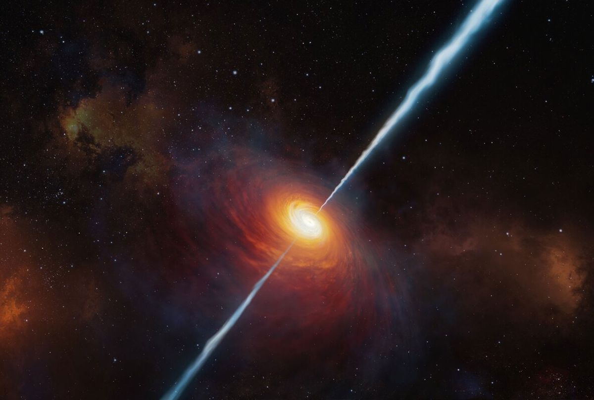 This artist’s impression shows how the distant quasar P172+18 and its radio jets may have looked. To date (early 2021), this is the most distant quasar with radio jets ever found and it was studied with the help of ESO’s Very Large Telescope. It is so distant that light from it has travelled for about 13 billion years to reach us: we see it as it was when the Universe was only about 780 million years old. (ESO/M. Kornmesser)