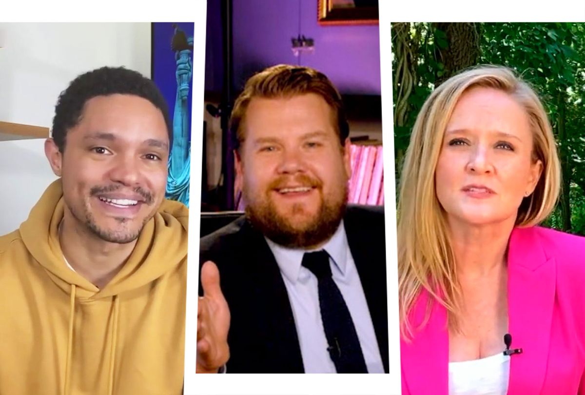 Trevor Noah from the Daily (Social Distancing) Show, James Corden from the Late Late Show and Samantha Bee from Full Frontal (Photo illustration by Salon/CBS/Comedy Central/TBS)