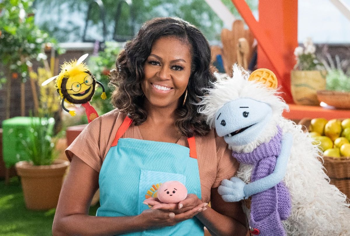 Michelle Obama with Busy, Mochi and Waffles in "Waffles & Mochi" (Adam Rose/Netflix)