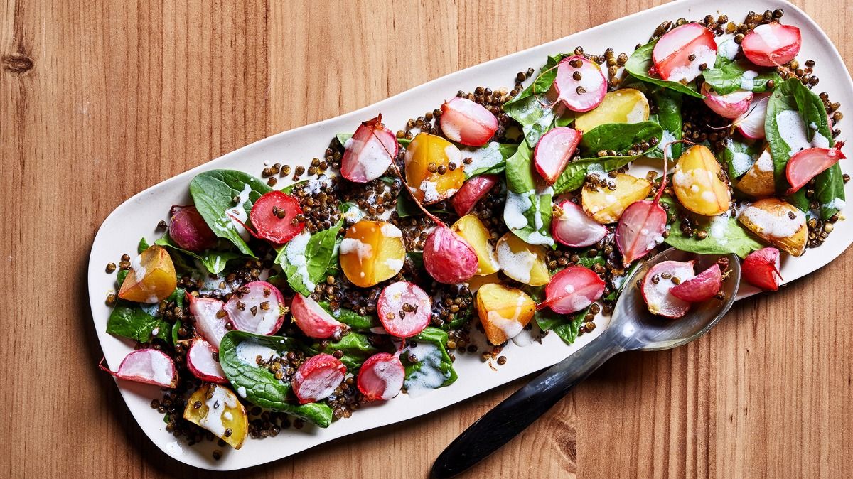 Roasted radishes with crispy lentils and buttermilk dressing photographed for Voraciously at The Washington Post via Getty Images in Washington, DC.  (Photo by Stacy Zarin Goldberg for The Washington Post via Getty Images)