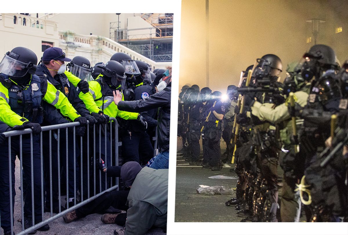 Pro-Trump protestors clash with police outside the US Capitol in Washington, DC on Wednesday, January 6, 2021. | Police in riot gear toss a projectile at protesters after they refused to leave the area after the police killing of Duante Wright during a traffic stop in Brooklyn Center near where Derek Chauvin is on trial in the death of George Floyd, in Brooklyn Center, Minnesota, United States on April 11, 2021. (Photo illustration by Salon/Getty Images)