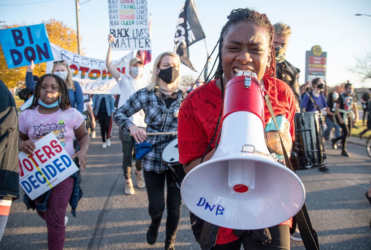 Detroit activists from 12 local organizations marched through the city on November 7th, 2020 to call for the protection of Detroits votes over concerns of Donald Trumps baseless claims that Democrats stole the election as an effort to steal a fair election for himself. The march also served as a celebration of Trumps loss in the 2020 presidential election, seeing participants and onlookers chanting and singing with a joyous fervor. (Adam J. Dewey/NurPhoto via Getty Images)