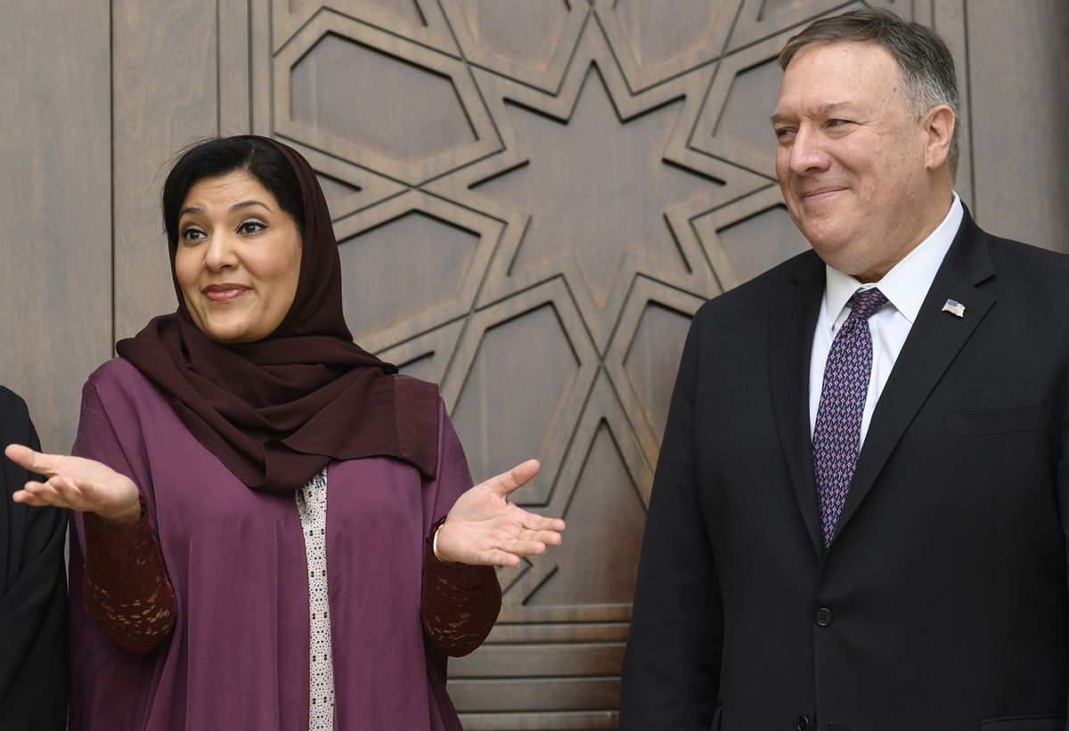 Secretary of State Mike Pompeo and Saudi ambassador to the U.S. Princess Reema bint Bandar wait for a photo with other women leaders in Riyadh, Saudi Arabia, on Feb. 20, 2020. (Andrew Caballero-Reynolds/Pool/AFP via Getty Images)