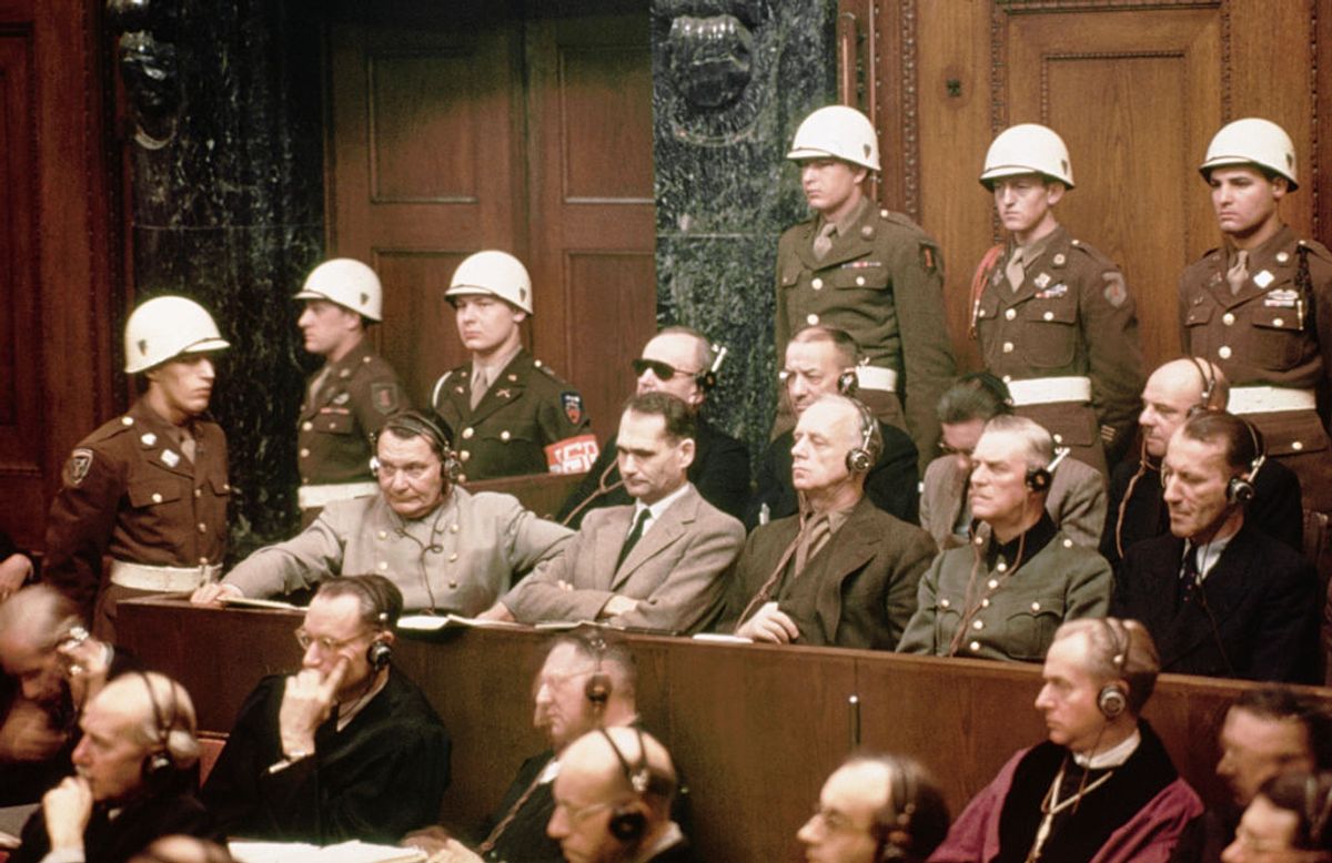 The defendants at the Nuremberg Nazi trials. Pictured in the front row are: Hermann Göring, Rudolf Hess, Joachim von Ribbentrop, Wilhelm Keitel and Ernst Kaltenbrunner. In the back row are: Karl Dönitz, Erich Räder, Baldur von Schirach and Fritz Sauckel. (Bettman)