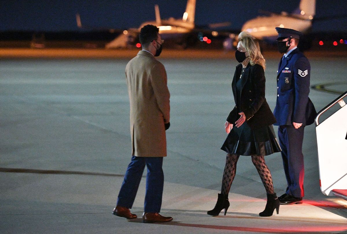 US First Lady Jill Biden deplanes upon arrival at Andrews Air Force Base in Maryland on April 1, 2021. (MANDEL NGAN/POOL/AFP via Getty Images)