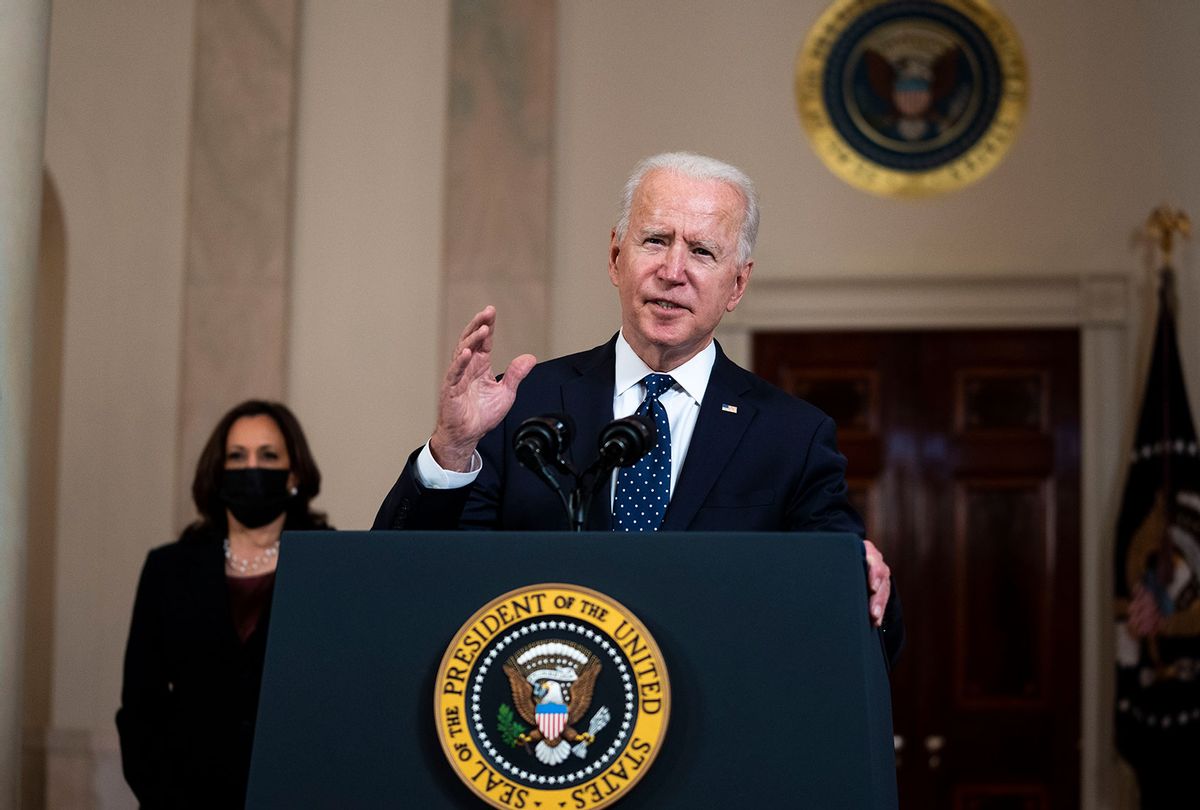 U.S. President Joe Biden makes remarks in response to the verdict in the murder trial of former Minneapolis police officer Derek Chauvin at the Cross Hall of the White House April 20, 2021 in Washington, DC. Chauvin was found guilty today on all three charges he faced in the death of George Floyd last May. (Doug Mills/Pool/Getty Images)