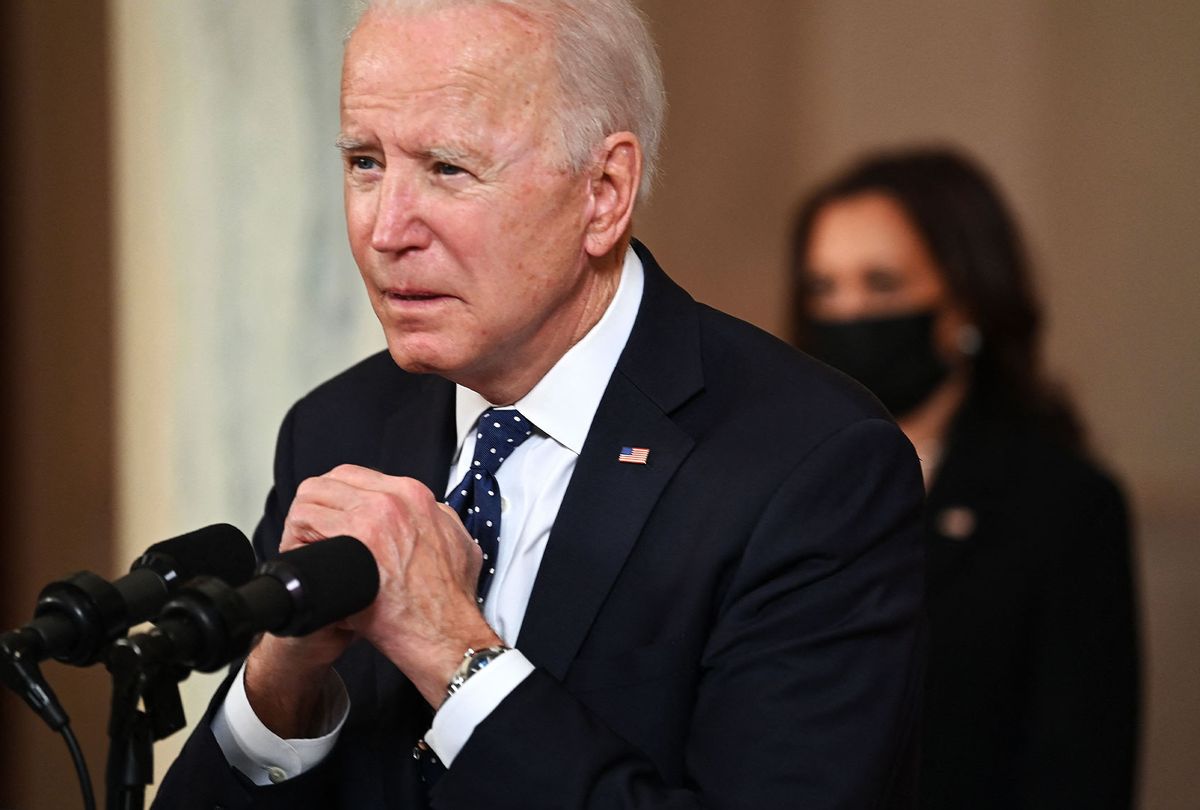 US President Joe Biden gestures as he delivers remarks on the guilty verdict against former policeman Derek Chauvin at the White House in Washington, DC, on April 20, 2021. - Derek Chauvin, a white former Minneapolis police officer, was convicted on April 20 of murdering African-American George Floyd after a racially charged trial that was seen as a pivotal test of police accountability in the United States. (BRENDAN SMIALOWSKI/AFP via Getty Images)