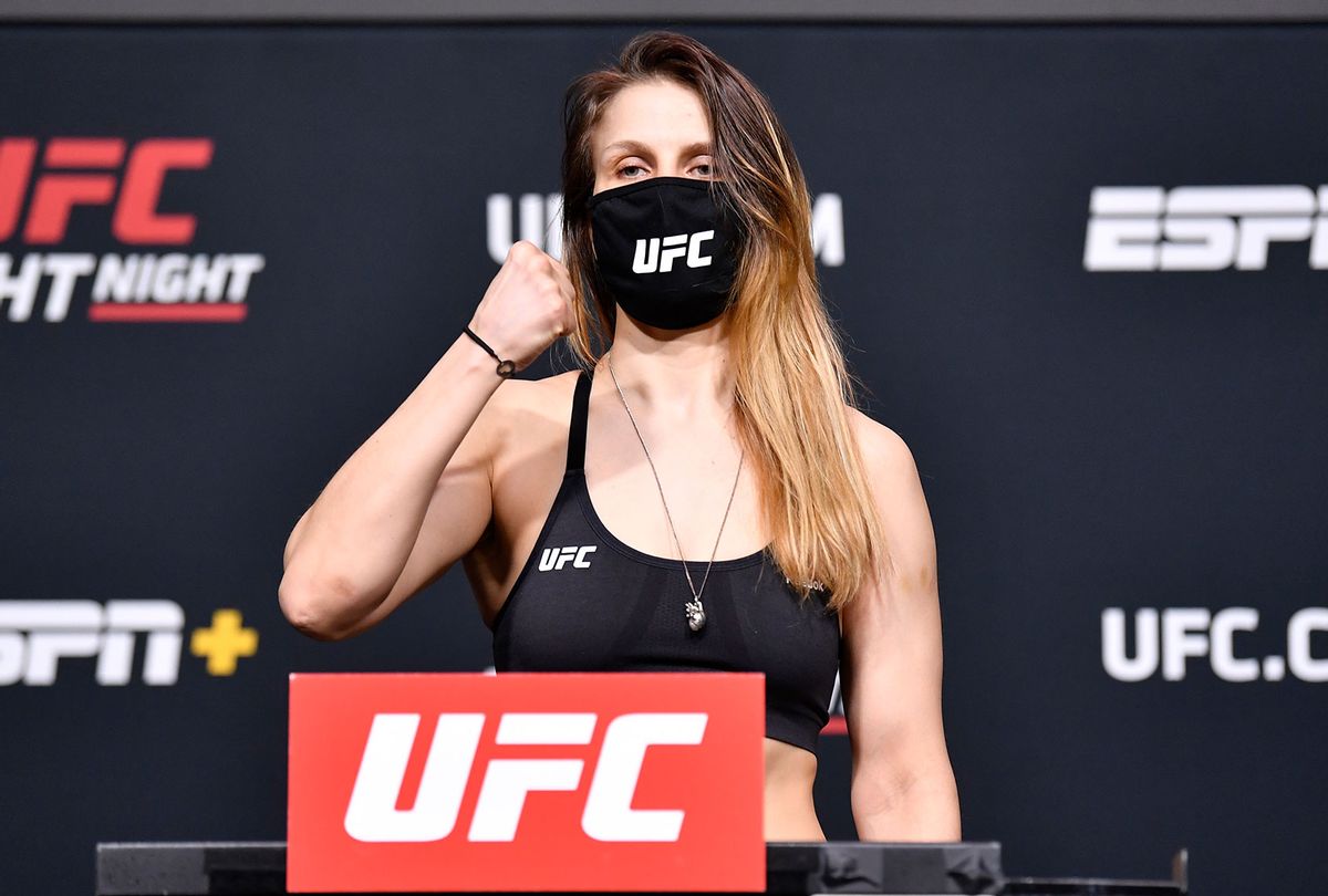 Julija Stoliarenko of Lithuania poses on the scale during the UFC weigh-in at UFC APEX on March 19, 2021 in Las Vegas, Nevada. (Chris Unger/Zuffa LLC via Getty Images)