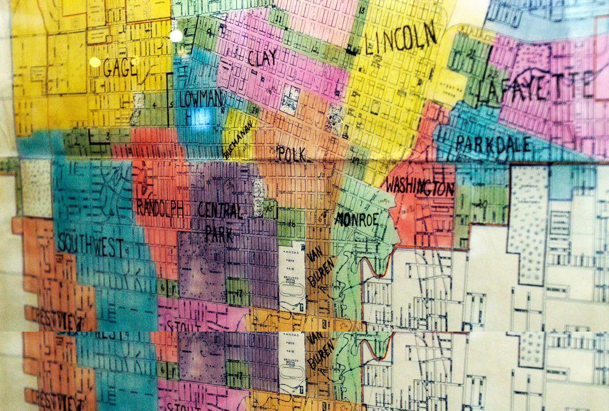 A map of the 1956 school district by race in Topeka, Ks., from the implementation arguments in Brown v. Board of Education, part of the new exhibit at the Library of Congress, "With and Even Hand," on the fiftieth anniversary of the landmark Supreme Court decision on integration. (Chris Maddaloni/Roll Call/Getty Images)