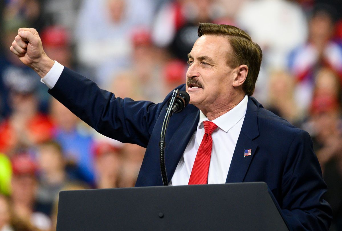 Mike Lindell, CEO of My Pillow, speaks during a campaign rally held by U.S. President Donald Trump at the Target Center on October 10, 2019 in Minneapolis, Minnesota. Lindell is an outspoken supporter of the Trump presidency and his campaign for reelection. (Stephen Maturen/Getty Images)