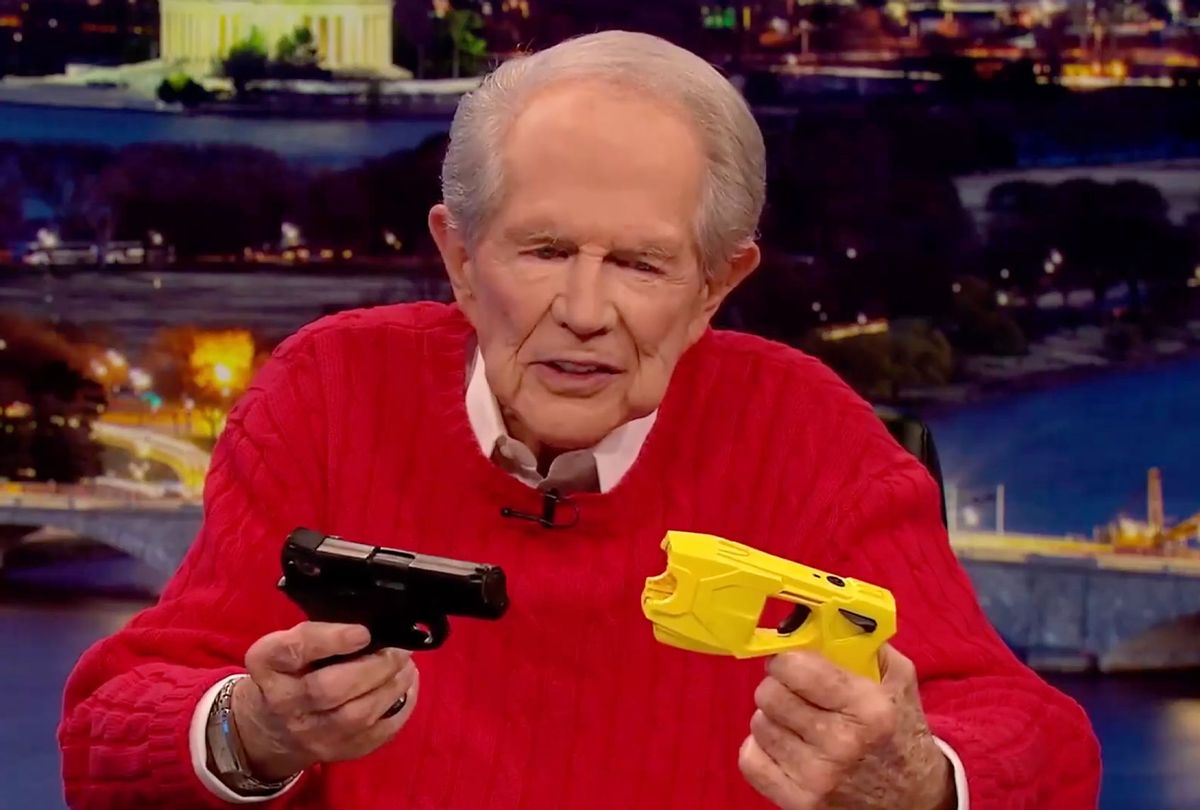 Pat Robertson demonstrated the difference between a Glock handgun and a Taser on air (700 Club)