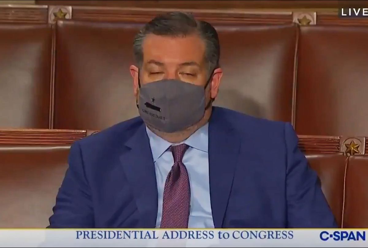 Ted Cruz dozing off during US President Joe Biden's address to a joint session of Congress at the US Capitol in Washington, DC, on April 28, 2021 (C-SPAN)