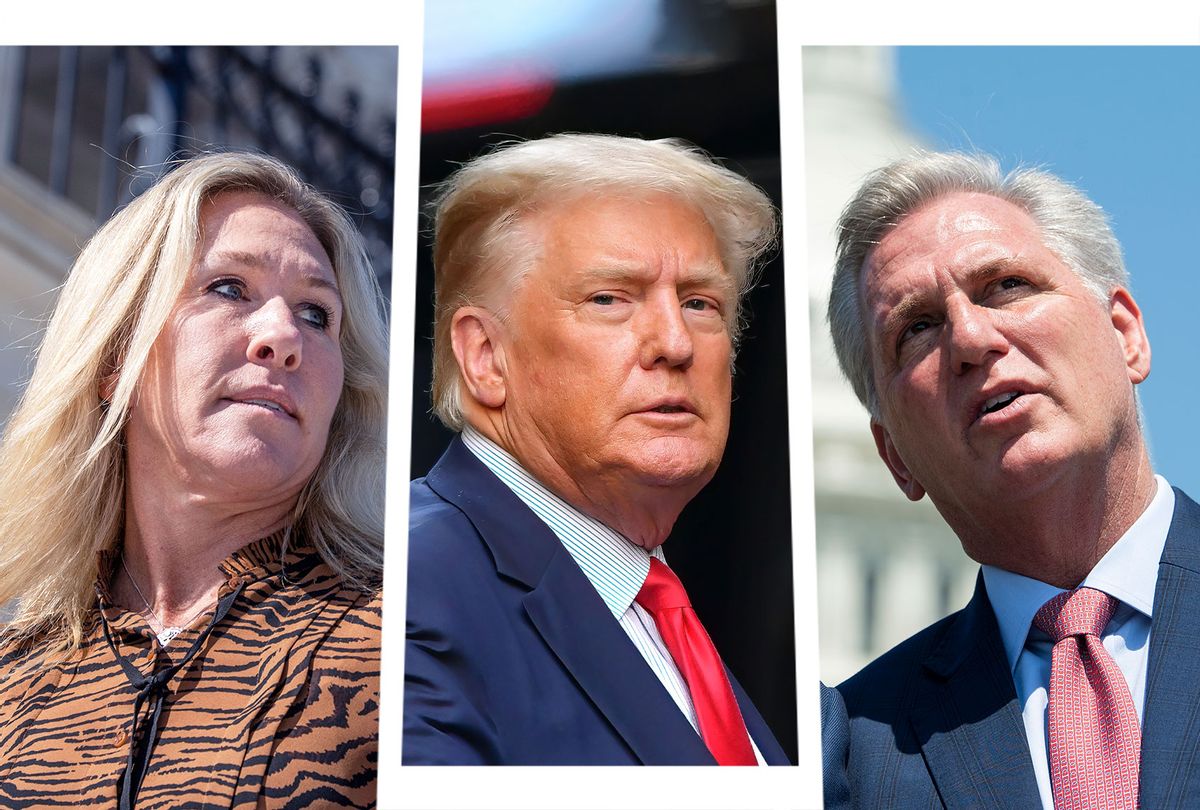 Marjorie Taylor Greene, Donald Trump and Kevin McCarthy (Photo illustration by Salon/Getty Images)