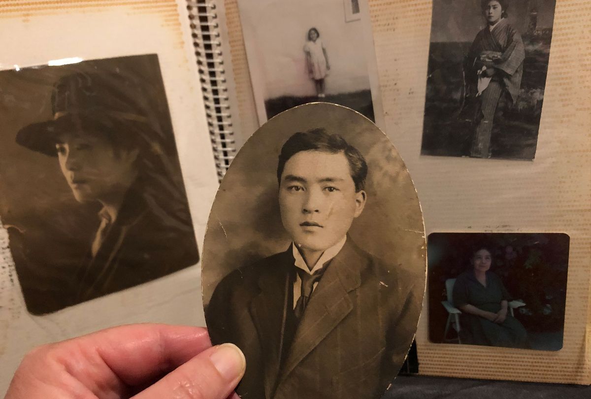 Kimiko Guthrie's grandfather, Masayoshi Endo, with other family images in the background (Photo provided by Kimiko Guthrie)