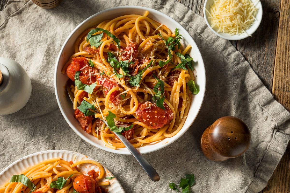 Homemade Bucatini all'Amatriciana pasta with tomato and basil. (Getty Images )