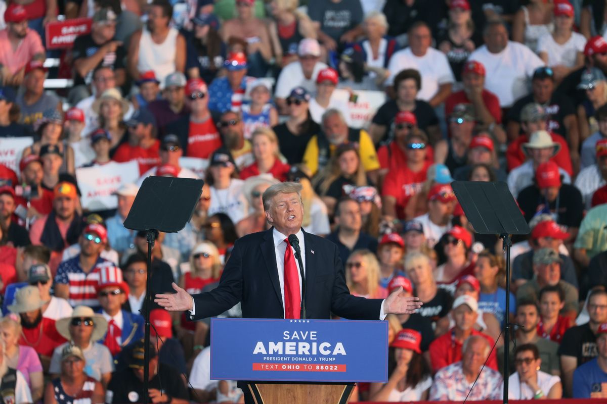 Former US President Donald Trump speaks to supporters during a rally at the Lorain County Fairgrounds on June 26, 2021 in Wellington, Ohio. (Getty Images)