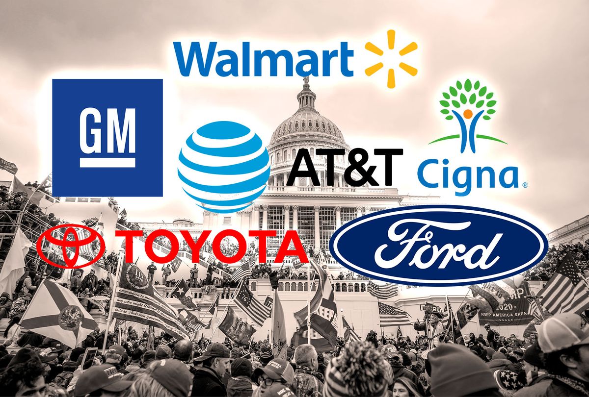 Capitol Riot | Logos of Toyota, General Motors, Ford Motors, Cigna, Walmart and AT&T (Photo illustration by Salon/Getty Images)