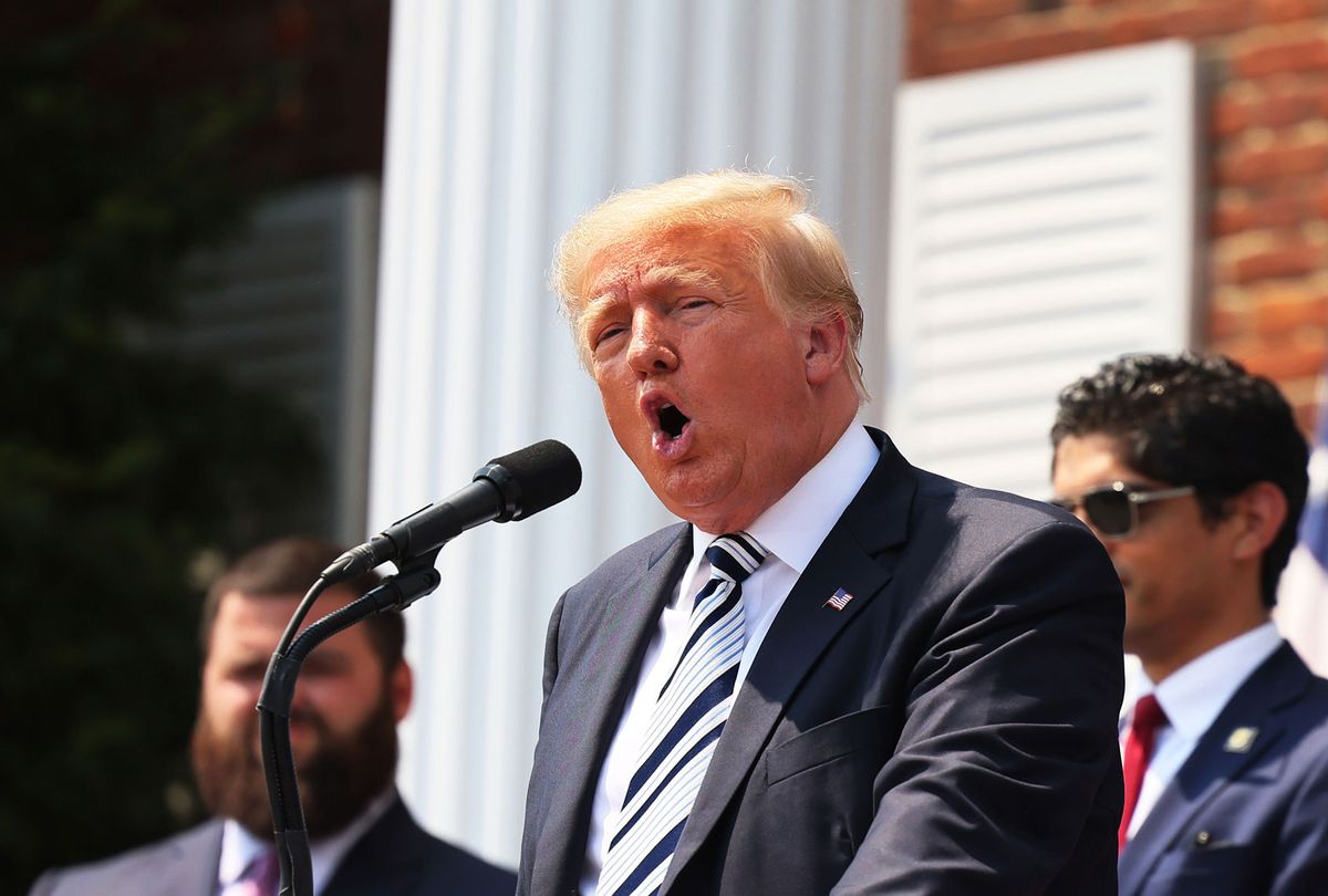 Former U.S. President Donald Trump speaks during a press conference announcing a class action lawsuit against big tech companies at the Trump National Golf Club Bedminster on July 07, 2021 in Bedminster, New Jersey. Former President Trump held a press conference with executives from the America First Policy Institute to announce a class action lawsuit against Facebook, Twitter, Google, and their CEOs, claiming that he was wrongfully censored. Since being banned from the social media companies, former President Trump has continued to spread lies about mass voter fraud in the 2020 election that have not not been substantiated. (Michael M. Santiago/Getty Images)