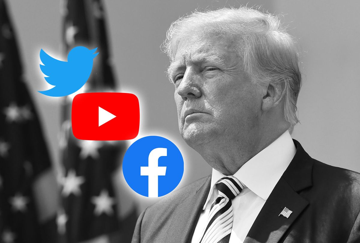 Donald Trump, and logos for Twitter, Youtube and Facebook (Photo illustration by Salon/Getty Images/Facebook/Twitter/Youtube)