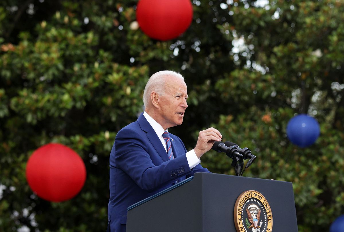 U.S. President Joe Biden speaks during a Fourth of July BBQ event to celebrate Independence Day at the South Lawn of the White House July 4, 2021 in Washington, DC. President Biden and first lady Jill Biden hosted about 1,000 guests, including COVID response essential workers and military families, to celebrate the nation’s 245th birthday. (Alex Wong/Getty Images)