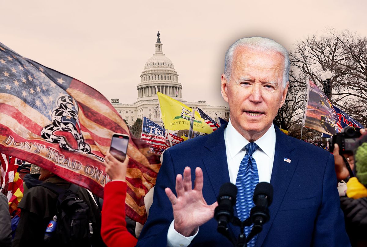 Joe Biden | Thousands of Donald Trump supporters gather outside the U.S. Capitol building following a "Stop the Steal" rally on January 06, 2021 in Washington, DC. (Photo illustration by Salon/Getty Images)