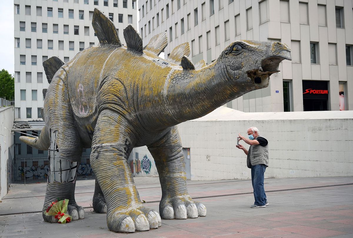 A large statue of a stegosaurus near Barcelona was where the body of a 40-year-old man was found in 2021 (LLUIS GENE/AFP via Getty Images)