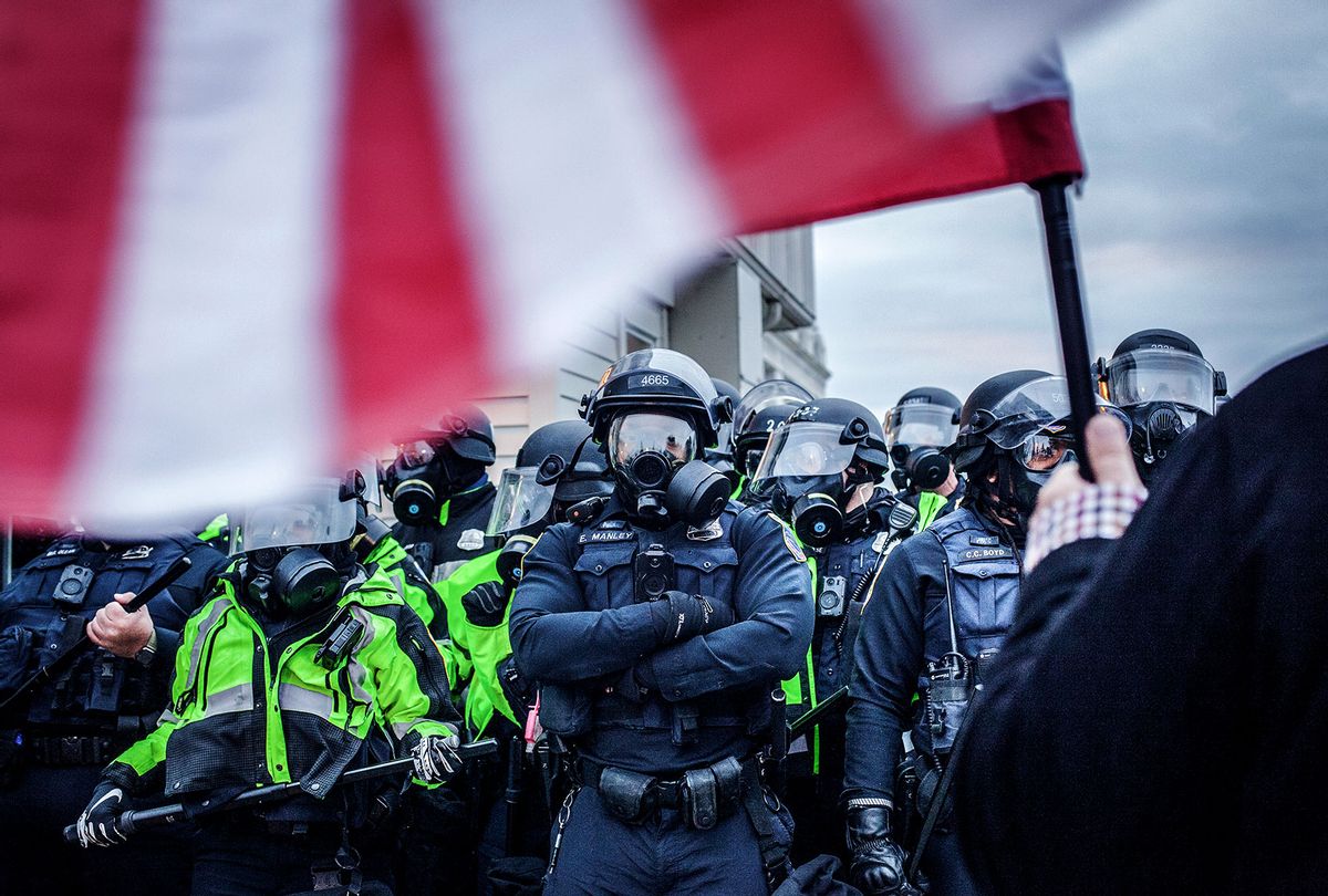 Riot police formed heavy lines near the U.S. Capitol on January 06, 2021 in Washington, DC. (Shay Horse/NurPhoto via Getty Images)