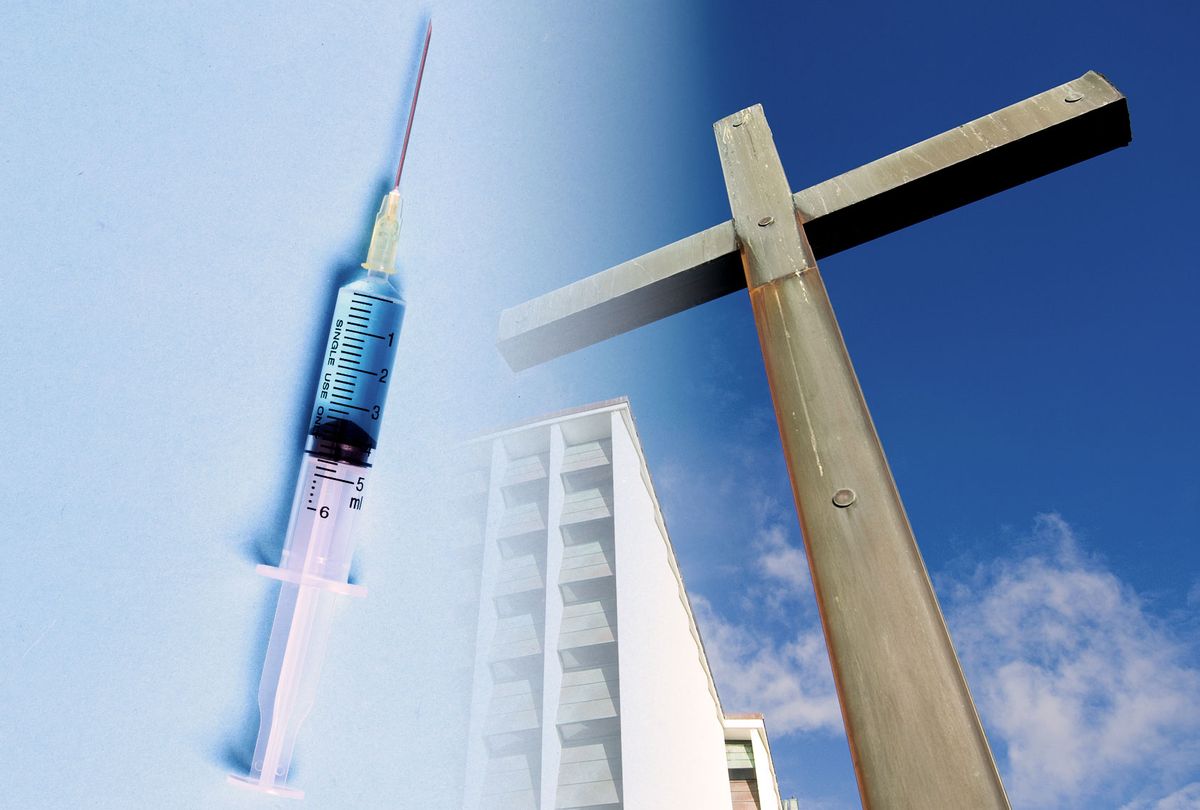 Syringe with vaccine | Giant cross (Photo illustration by Salon/Getty Images/Kjell Brynildsen/Veerapong Boonporn/EyeEm)
