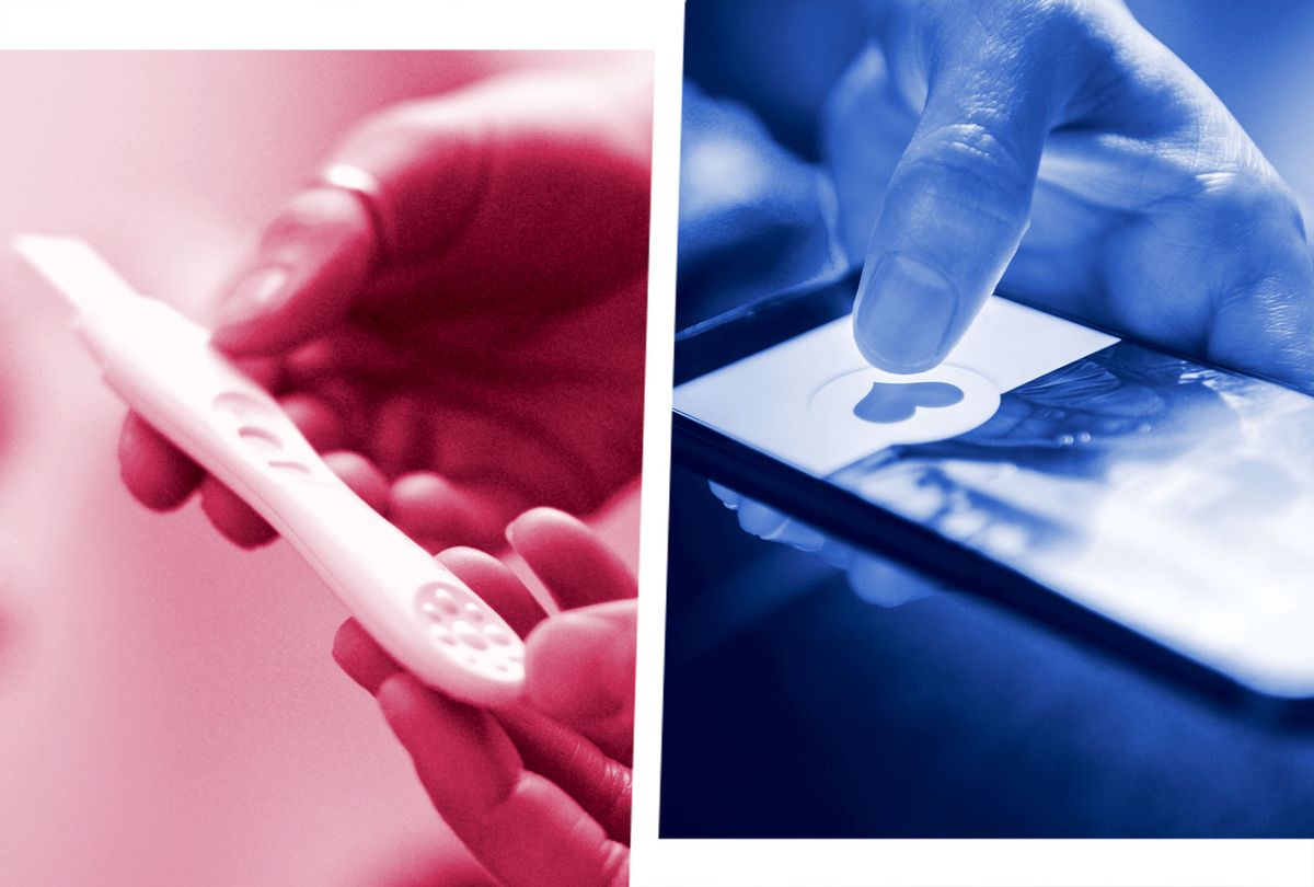 One one side a woman holding a pregnancy test, on the other a woman swiping through a dating app on her phone. (Photo illustration by Salon/Getty Images/Zave Smith/oatawa)