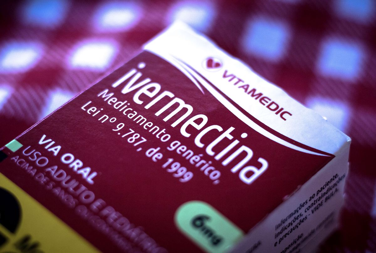 In this photo illustration a box of Ivermectina medicine seen on display. Manufactured by Vitamedic in Brazil Ivermectin has attracted global controversy as a potential COVID treatment. The World Health Organisation has advised against widespread use of the drug as a treatment for Covid 19. (Photo Illustration by Rafael Henrique/SOPA Images/LightRocket via Getty Images)