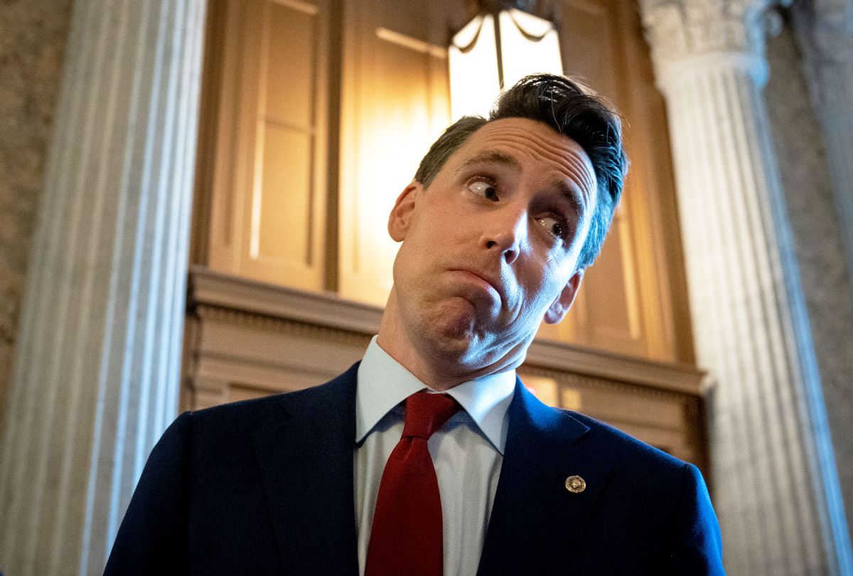 Sen. Josh Hawley (R-MO) talks to reporters after an amendment vote on the infrastructure bill at the U.S. Capitol on August 4, 2021 in Washington, DC. (Drew Angerer/Getty Images)