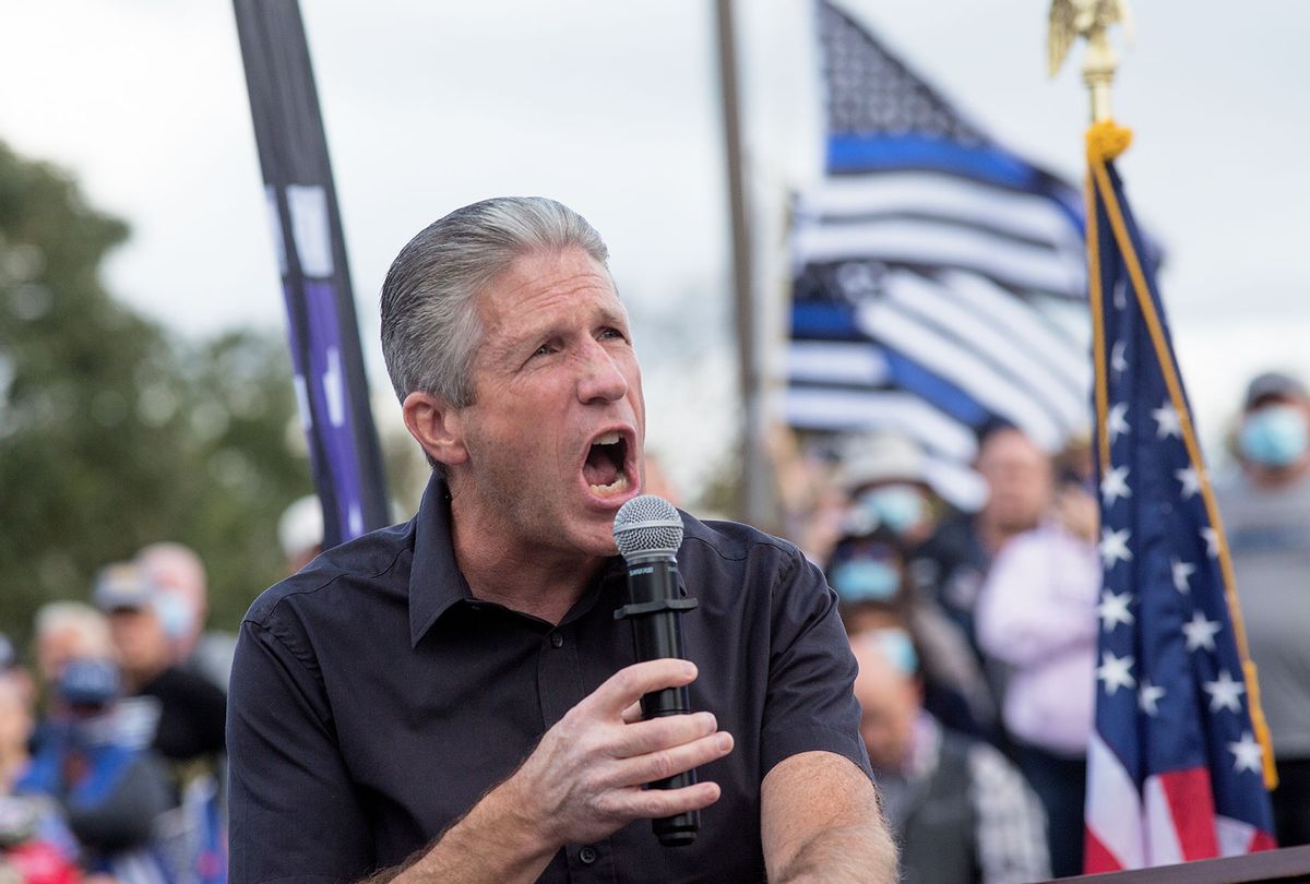 New York City Patrolman Benevolent Association President Patrick Lynch campaigns for President Trump at a rally hosted by Long Island and New York City police unions in support of the police on October 4, 2020 in Suffolk County, New York. (Andrew Lichtenstein/Corbis via Getty Images)