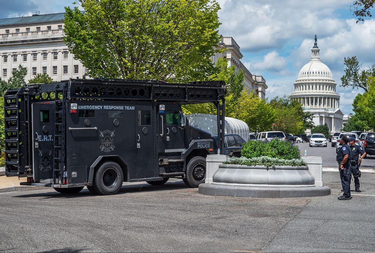 A heavily armored vehicle is seen on D St NE in Washington, DC as authorities continue to deal with a possible bomb threat outside the Library of Congress on August 19, 2021. (Craig Hudson for The Washington Post via Getty Images)