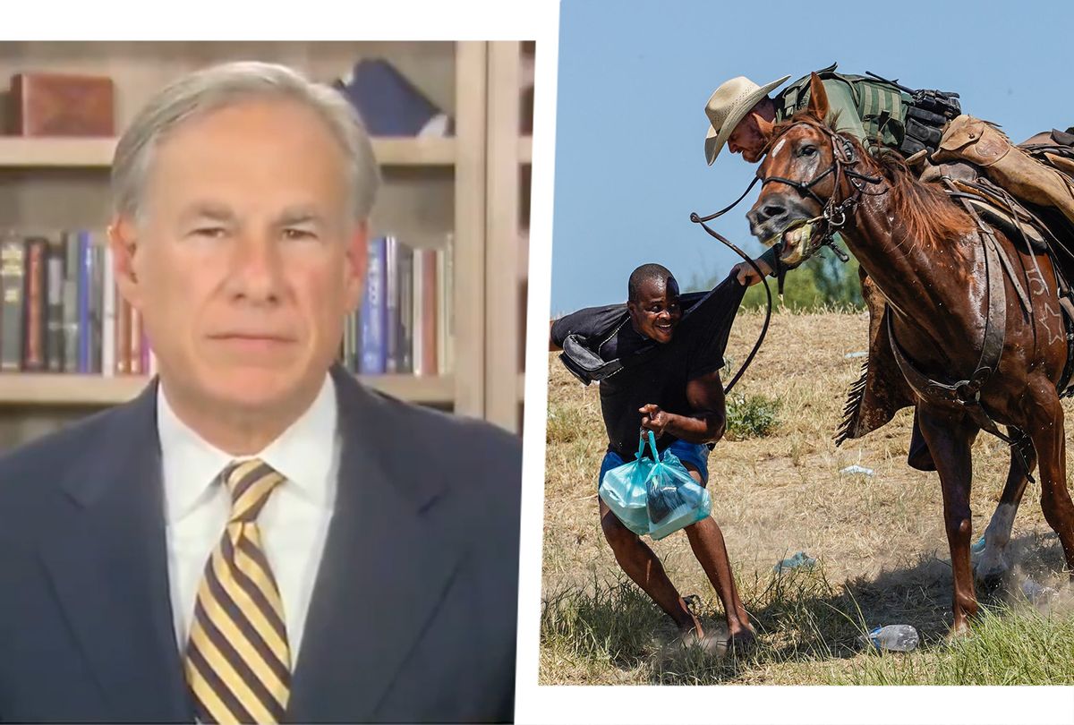 Texas Gov. Greg Abbott, left, and a border patrol agent on horseback menacing a Haitian migrant. (Salon illustration via Fox News/Getty Images)