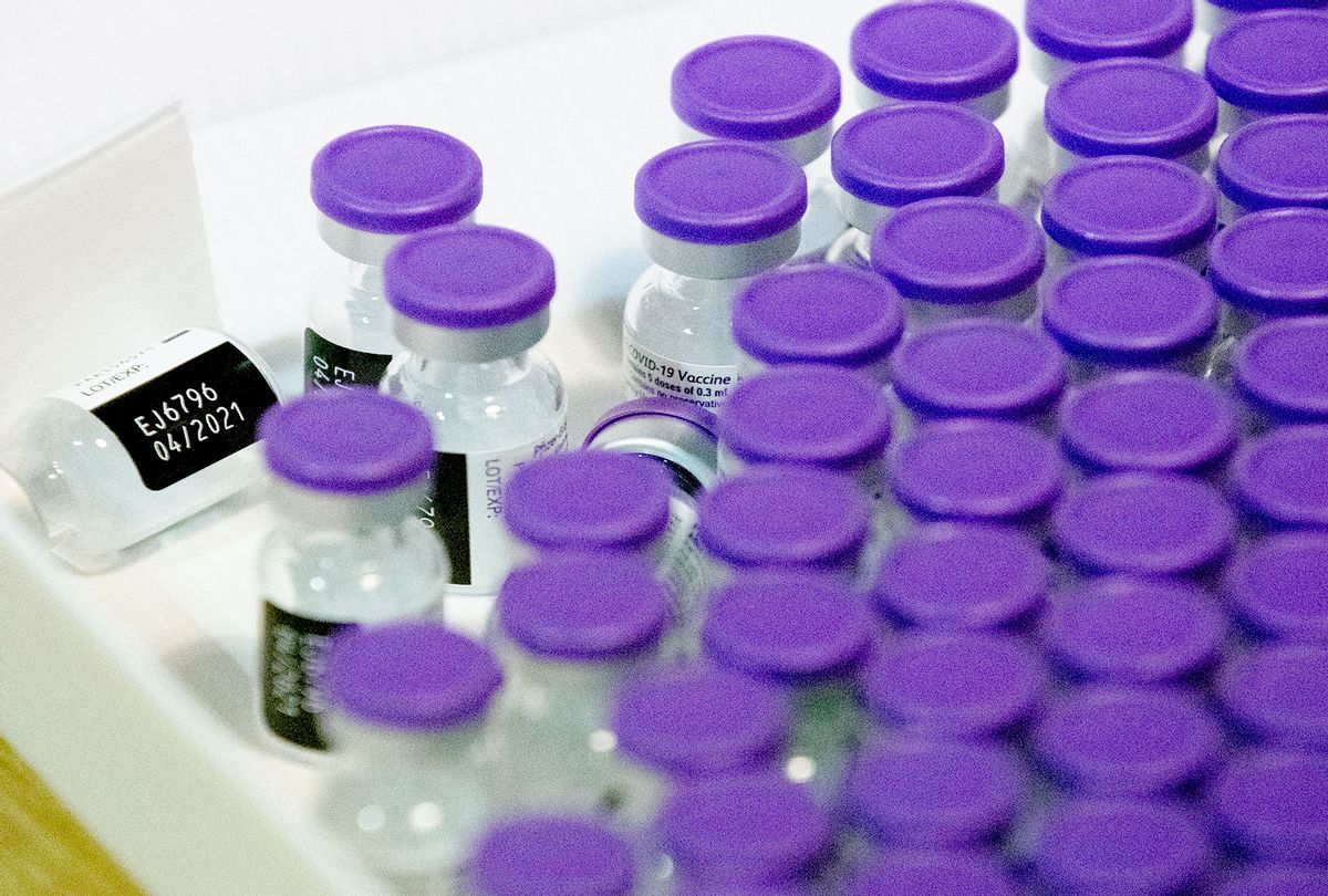 View of a Pfizer COVID-19 vaccine vials (Niels Wenstedt/BSR Agency/Getty Images))