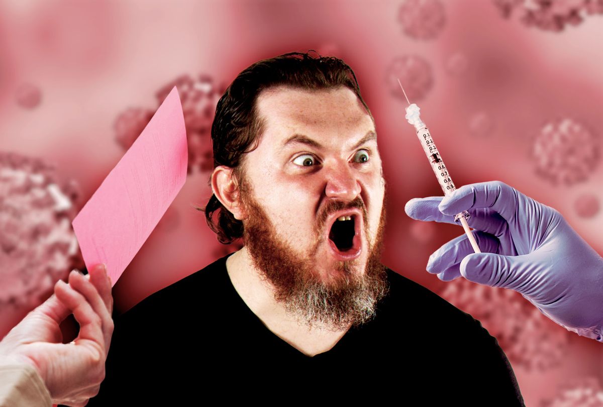 Man refusing the vaccine, and getting a pink slip from his job, concept (Photo illustration by Salon/Getty Images)