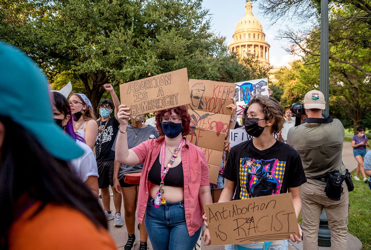 Pro-choice protesters march outside the Texas State Capitol on Wednesday, Sept. 1, 2021 in Austin, TX.  (Sergio Flores For The Washington Post via Getty Images)