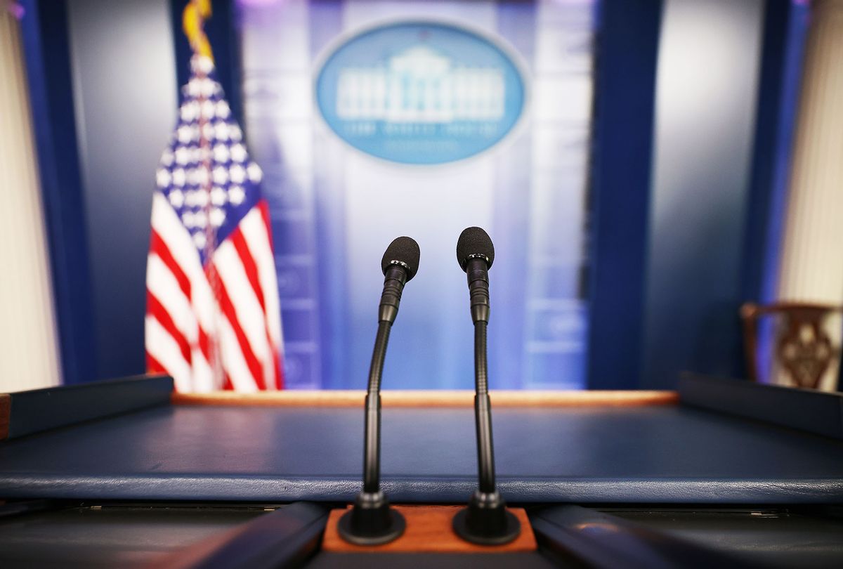 Close up of the podium in the James Brady Press Briefing Room at the White House in Washington, DC.  (Chip Somodevilla/Getty Images)