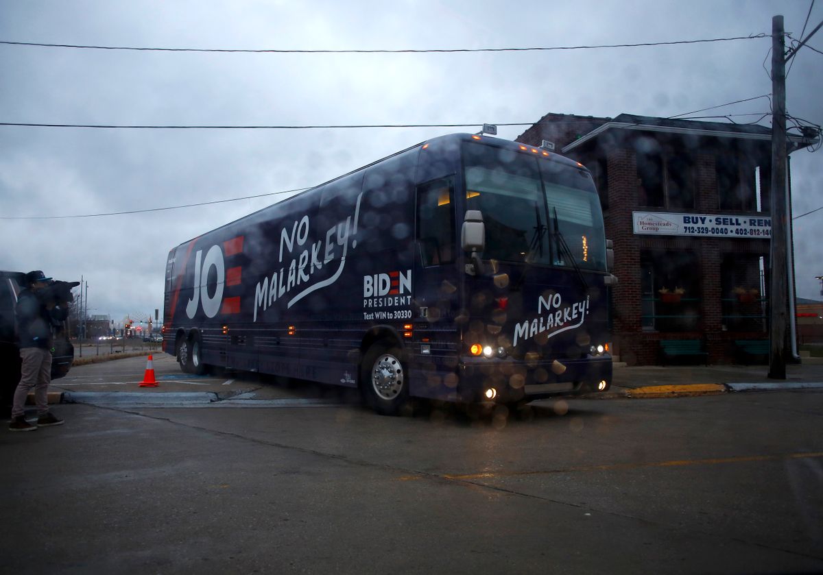 The bus of Democratic presidential candidate, former Vice President Joe Biden exits a parking lot after a campaign event on November 30, 2019 in Council Bluffs, Iowa. (Joshua Lott/Getty Images)