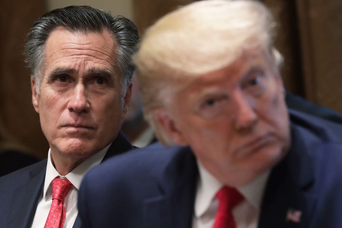 U.S. Sen. Mitt Romney (R-UT) and President Donald Trump listen during a listening session on youth vaping of electronic cigarette on November 22, 2019 (Alex Wong/Getty Images)