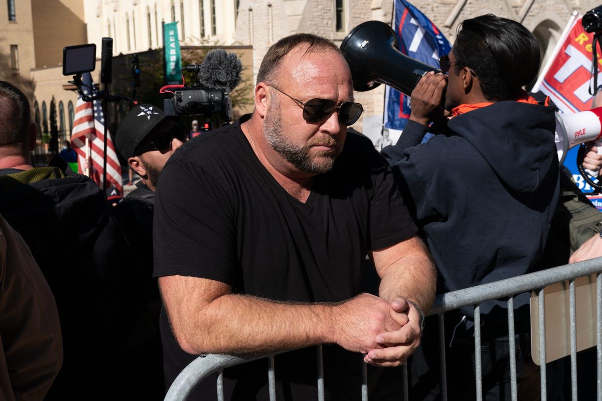 Alex Jones, host and founder of Infowars, an extreme right-wing program that often trafficks in conspiracy theories, is seen at a "Stop the Steal" rally against the results of the U.S. Presidential election outside the Georgia State Capitol on November 18, 2020 in Atlanta, Georgia. (Elijah Nouvelage/Getty Images)