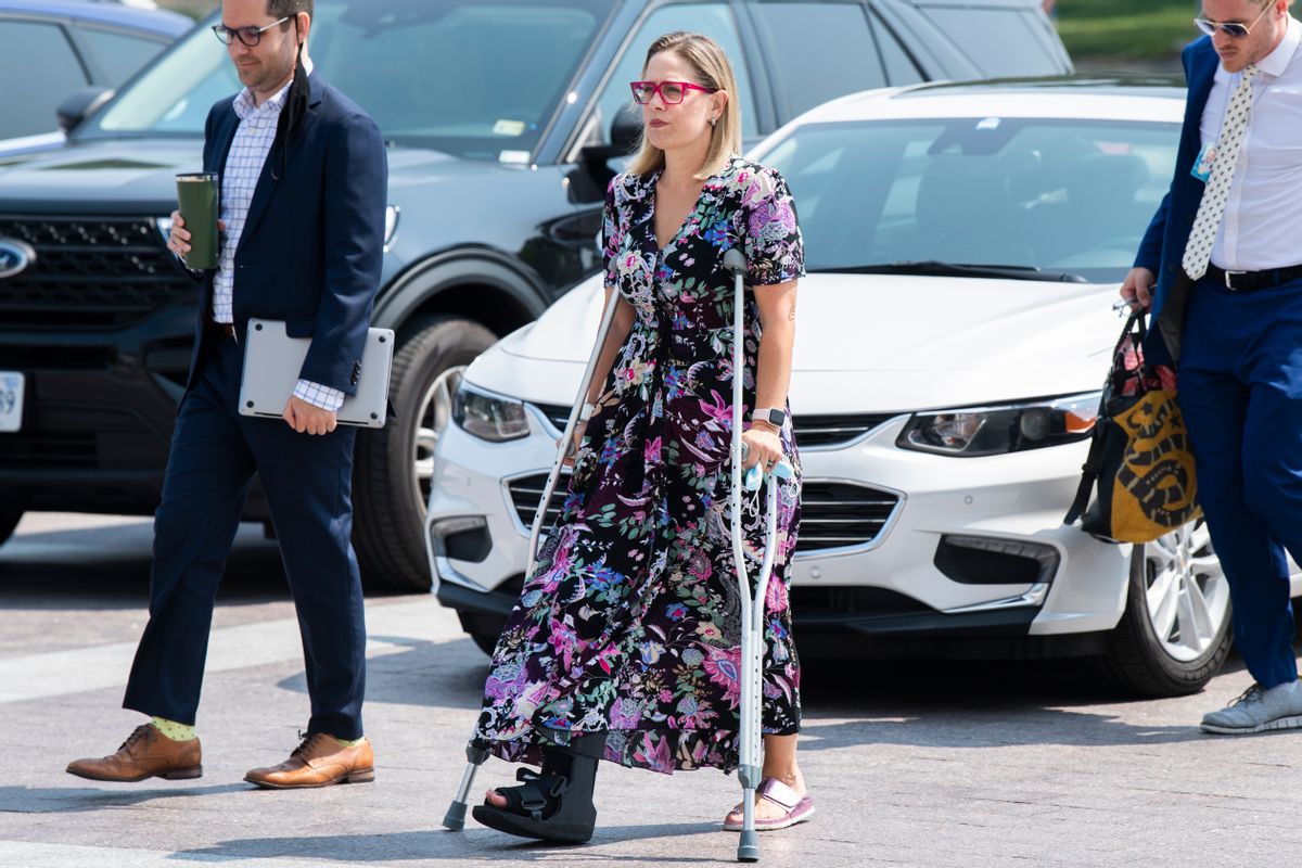 Sen. Kyrsten Sinema, D-Ariz., is seen outside the U.S. Capitol before the Senate passed the Infrastructure Investment and Jobs Act on Tuesday, August 10, 2021. (Tom Williams/CQ-Roll Call, Inc via Getty Images)