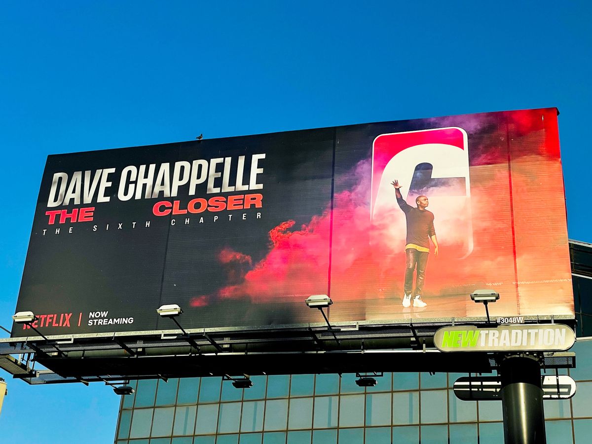 A Netflix billboard above Hollywood Blvd promoting Dave Chappelle's controversial comedy special "The Closer." (AaronP/Bauer-Griffin/GC Images)